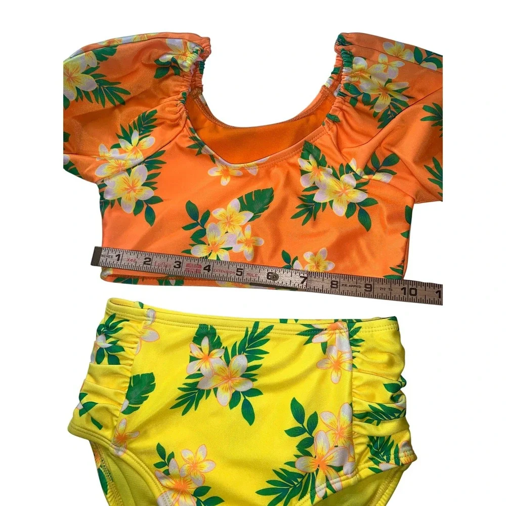 Ocean Gear‎ Girls Orange Yellow Tropical Floral Puff Sleeve Bikini Set Size 6-6X